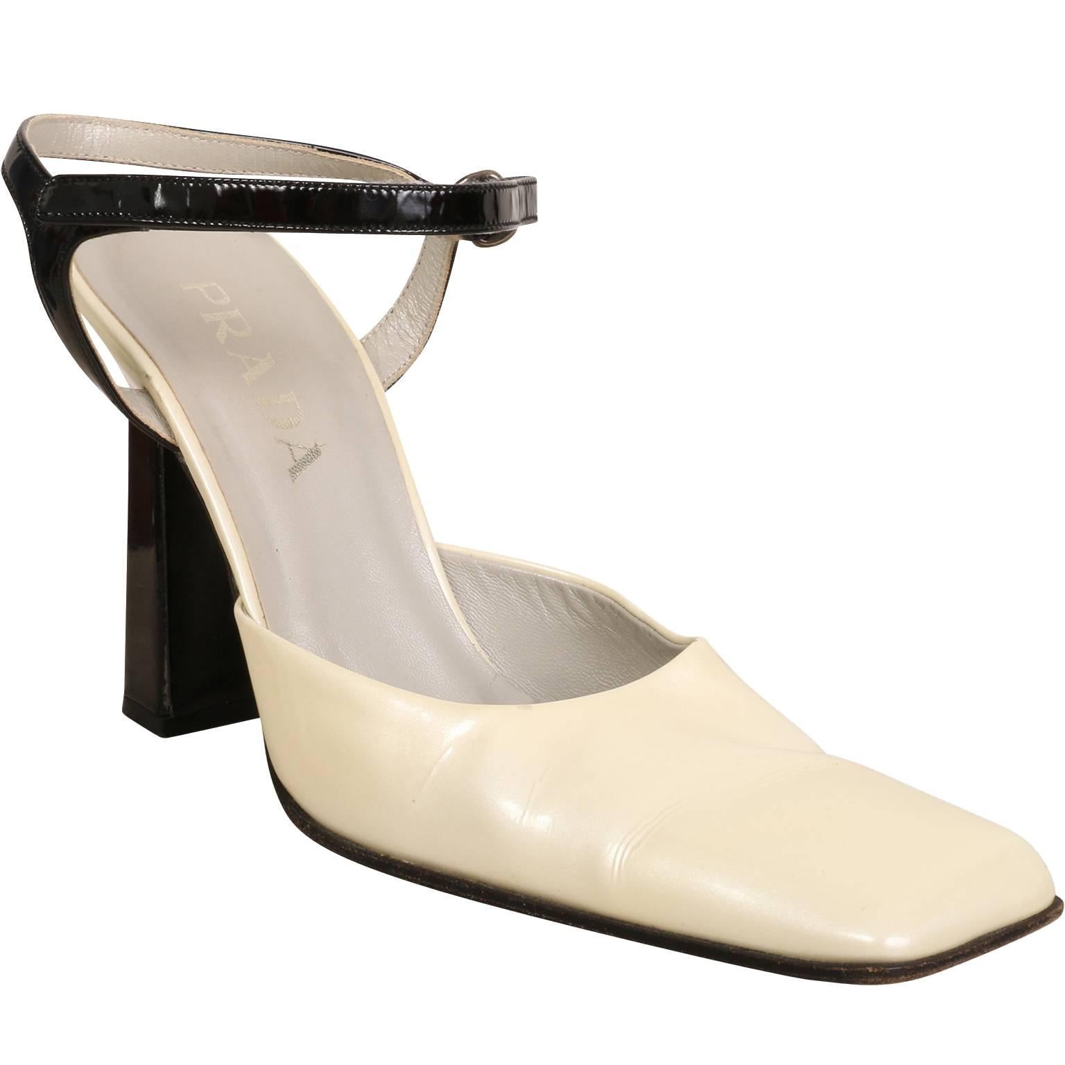 Prada Black and Ivory Heeled Sandals Size UK 6 For Sale