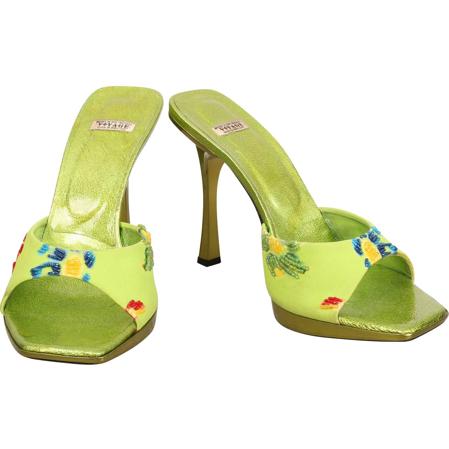 Voyage (Casadei) Bright Green Flower Enbroidered Mules For Sale