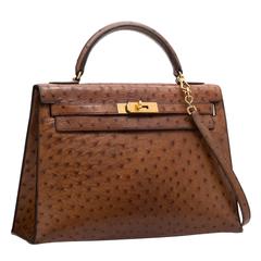Hermes 32cm Noisette Ostrich Sellier Kelly Bag with Gold Hardware