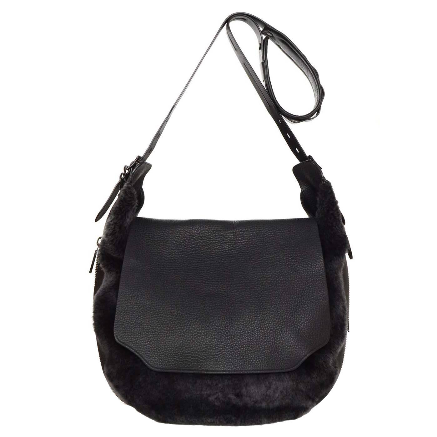 Rag and Bone Black Leather and Shearling Bradbury Hobo Messenger Bag rt