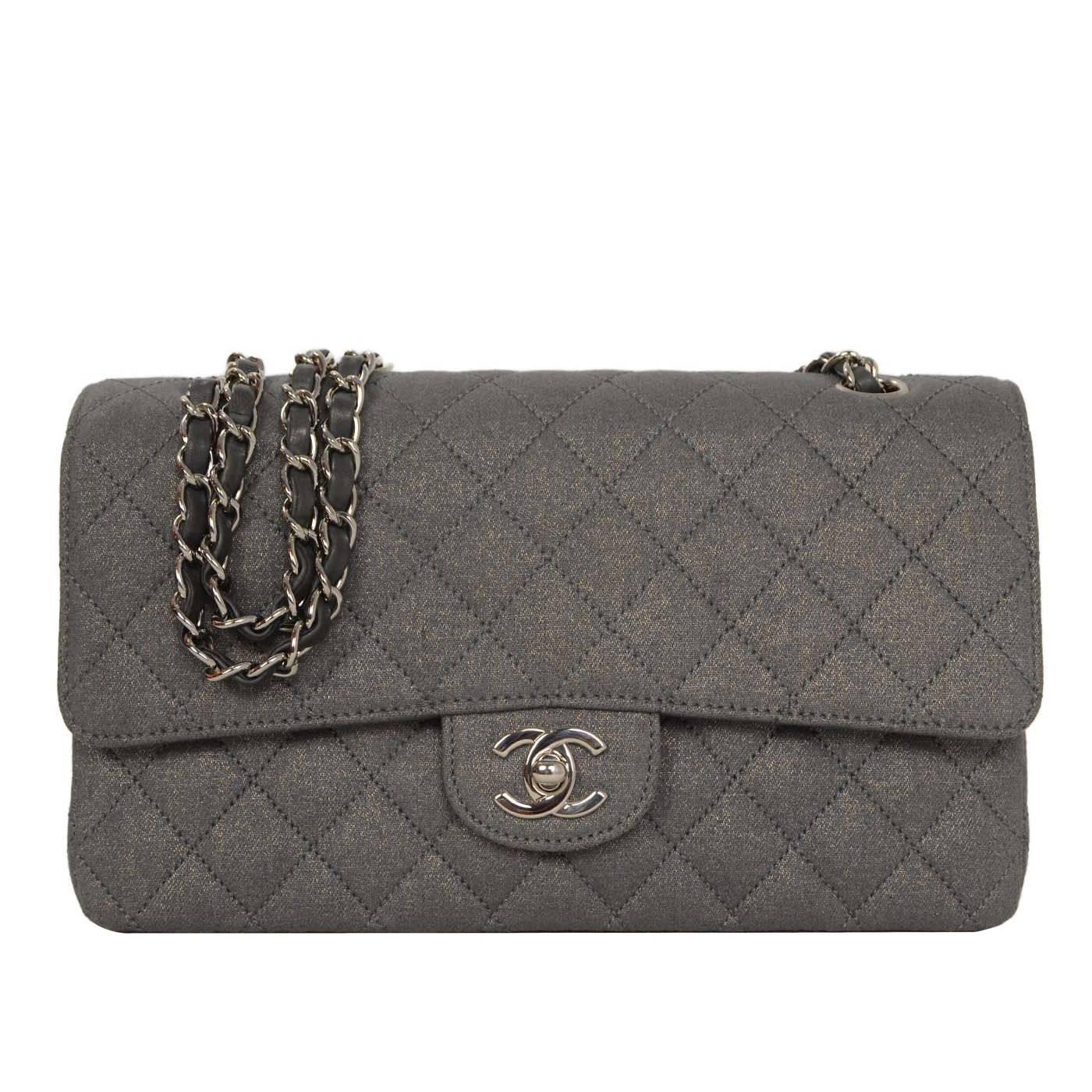 Chanel Metallic Grey Quilted Fabric 10" Medium Classic Double Flap Bag SHW 