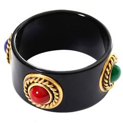 YSL Vintage Black Enamel Bangle Bracelet Cabochons Yves Saint Laurent Jewelry