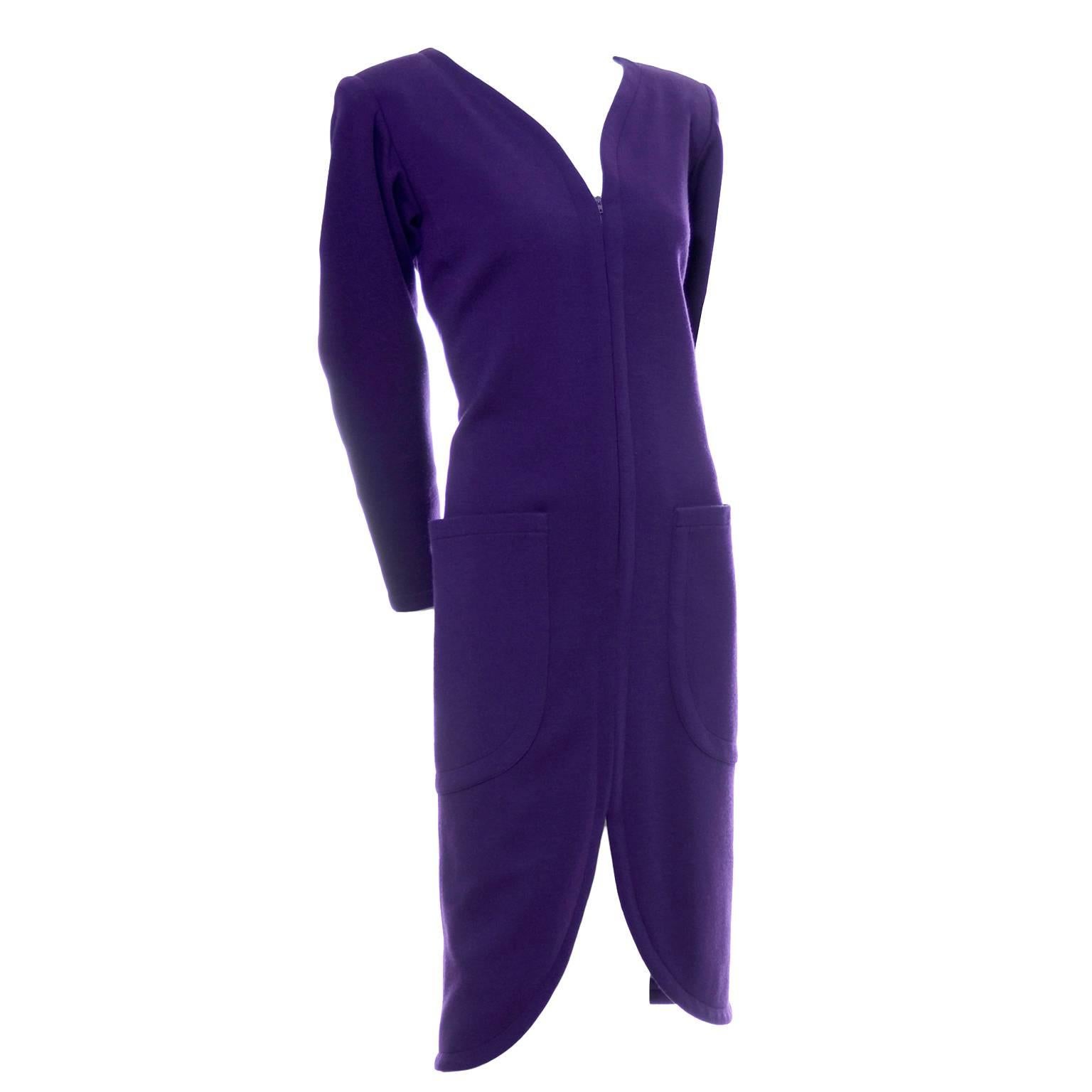 YSL Purple Wool  Zip Front Yves Saint Laurent Vintage Dress Size 36 US 4