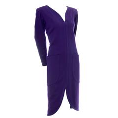 YSL Vintage Dress Purple Wool Pockets Zip Front Yves Saint Laurent Size 36 US 4 4