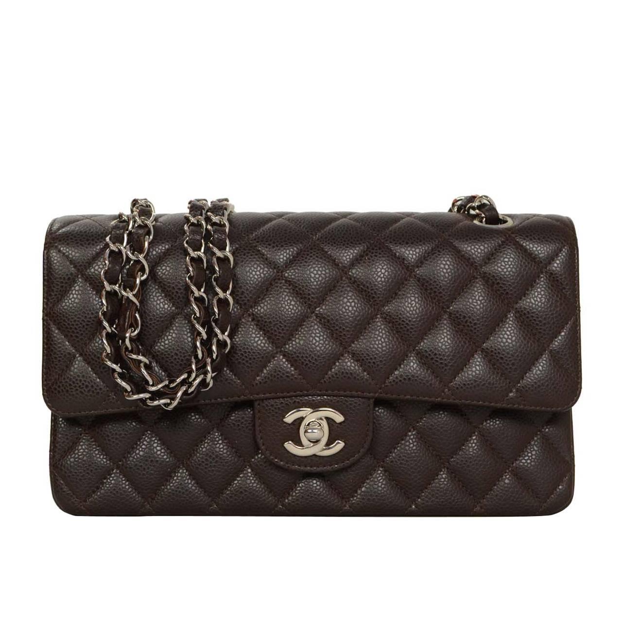 Chanel Chocolate Brown Caviar Leather Medium 10" Classic Double Flap Bag SHW