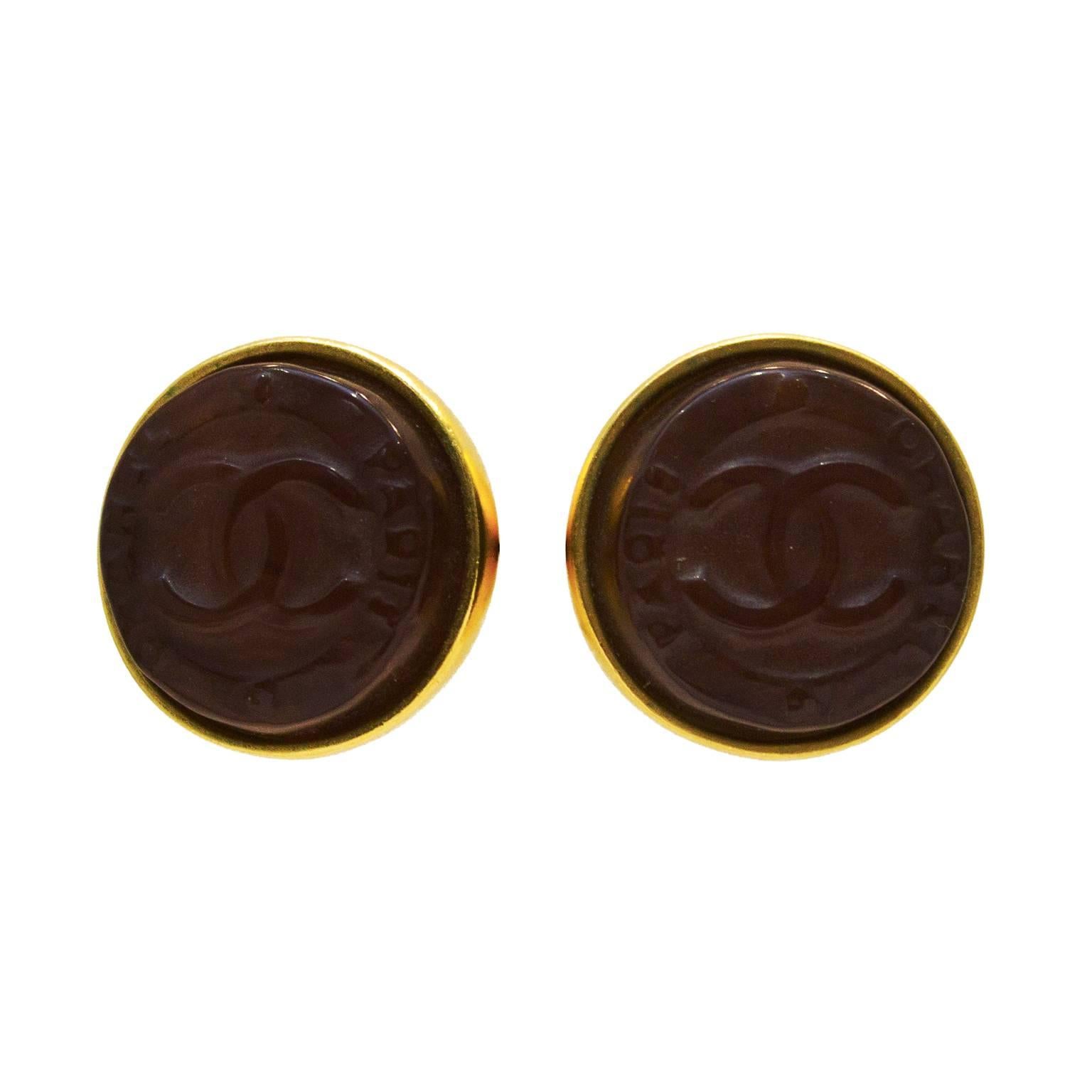 1999 Chanel Brown Poured Glass CC Earrings