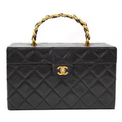 Vintage Chanel Vanity Black Quilted Leather Large Cosmetic Hand Bag