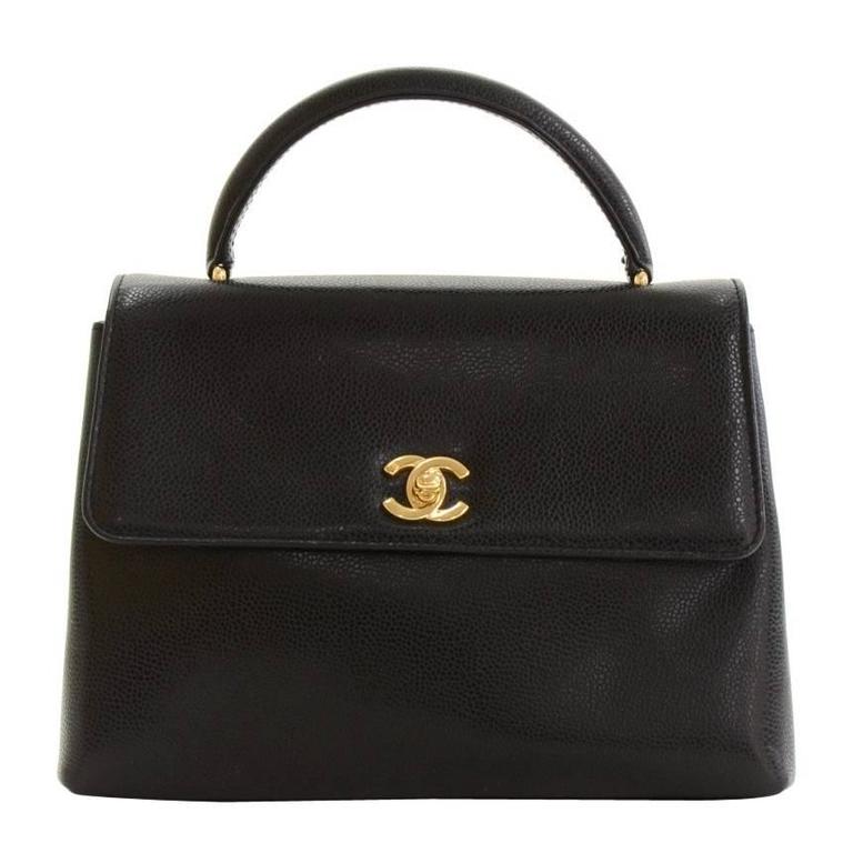 Chanel 10 inch Kelly Style Black Caviar Leather Medium Hand Bag at 1stDibs