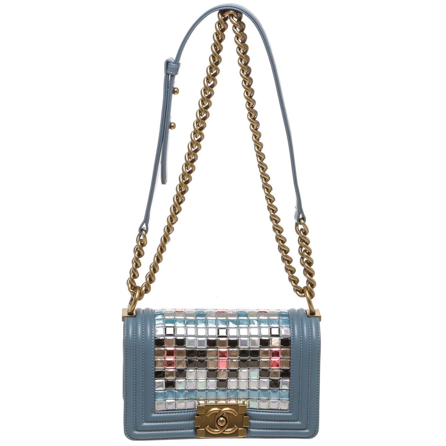 Chanel Light Blue Leather Mosaic Boy Bag Handbag 15k For Sale
