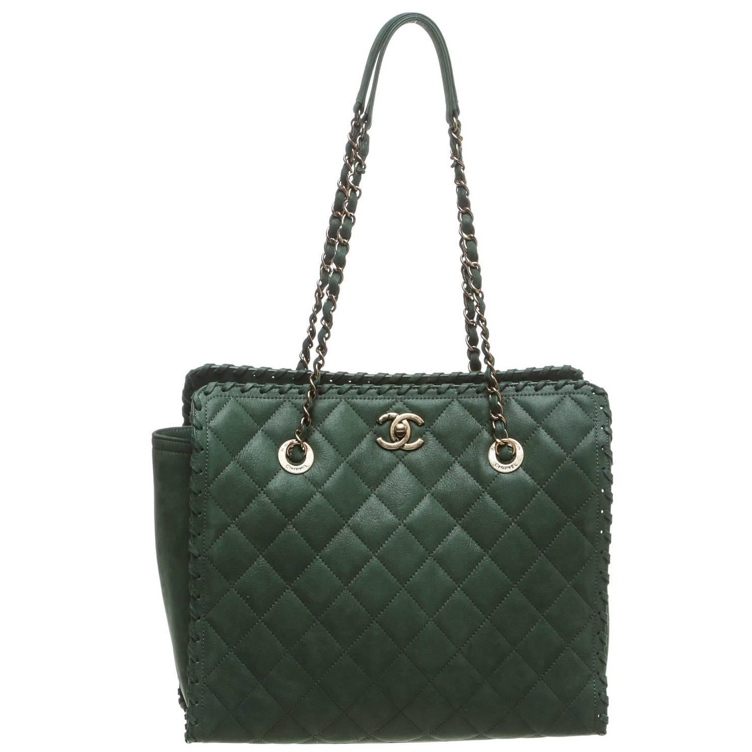 Chanel Green Suede Whipstitch Tote Handbag For Sale