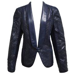 J. Mendel Navy Leather Tuxedo Jacket 