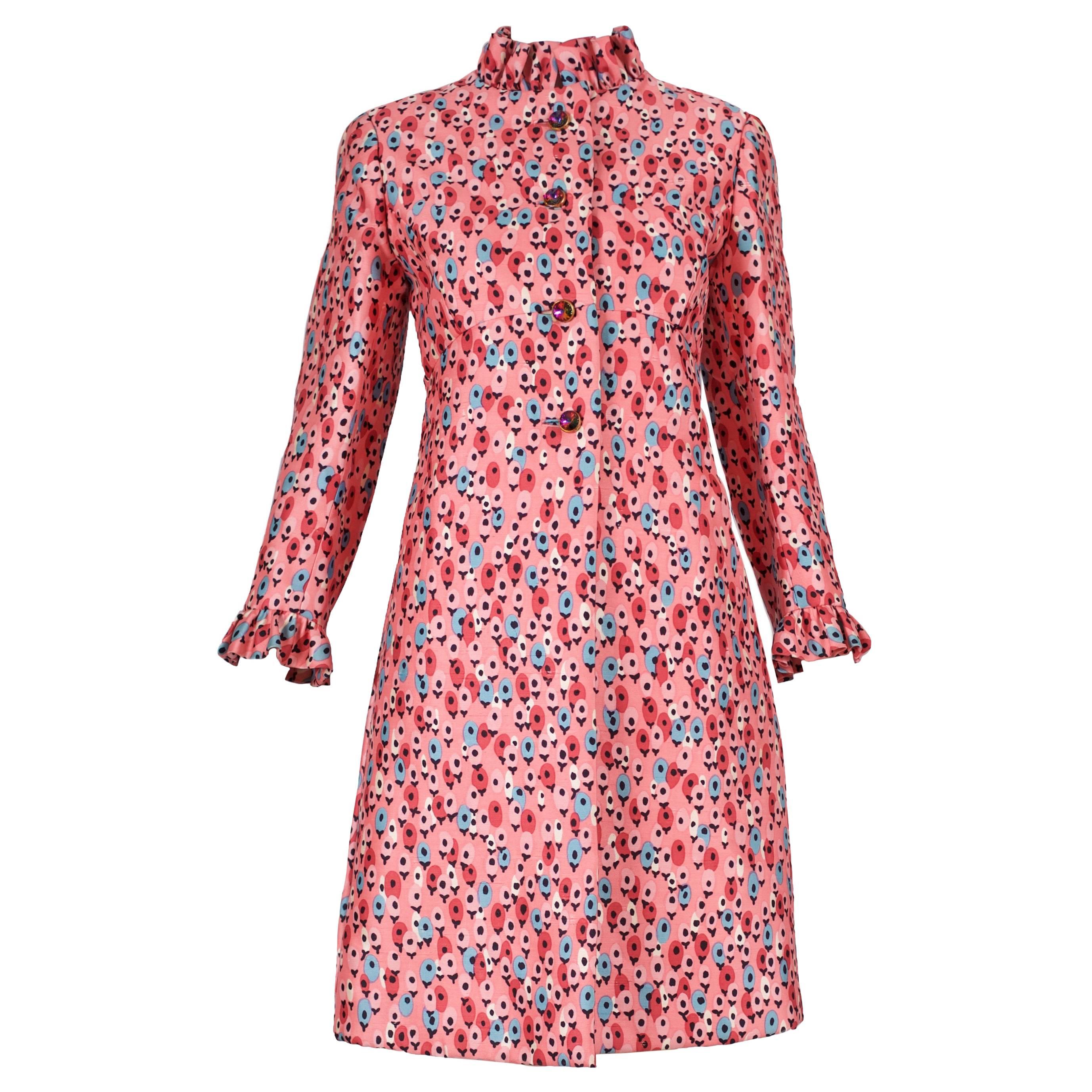 1960's Bill Blass for Maurice Rentner Silk Printed Coat Dress w/Crystal Buttons