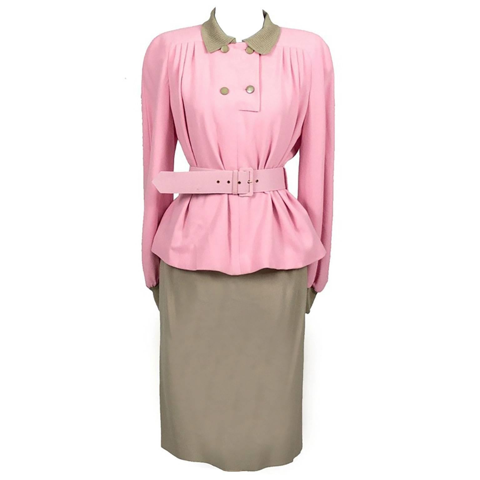 1984 Runway Vintage Valentino Boutique 2pc Skirt Top Outfit Pink & Camel Size 8