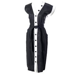 Yves Saint Laurent Early 1980s Black White Linen YSL Vintage Dress Size 38 US 6