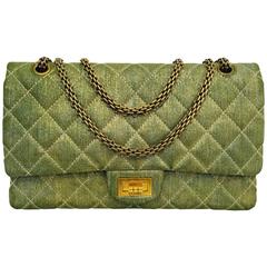  Chanel Ltd Edition 2.55 Reissue 227 in Green and Gold Metallic Fabric 