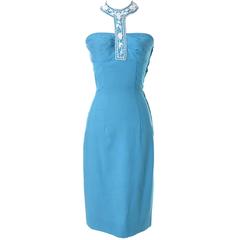 1950s Robert Morton Blue Beaded Vintage Halter Wiggle Dress Rhinestones 5