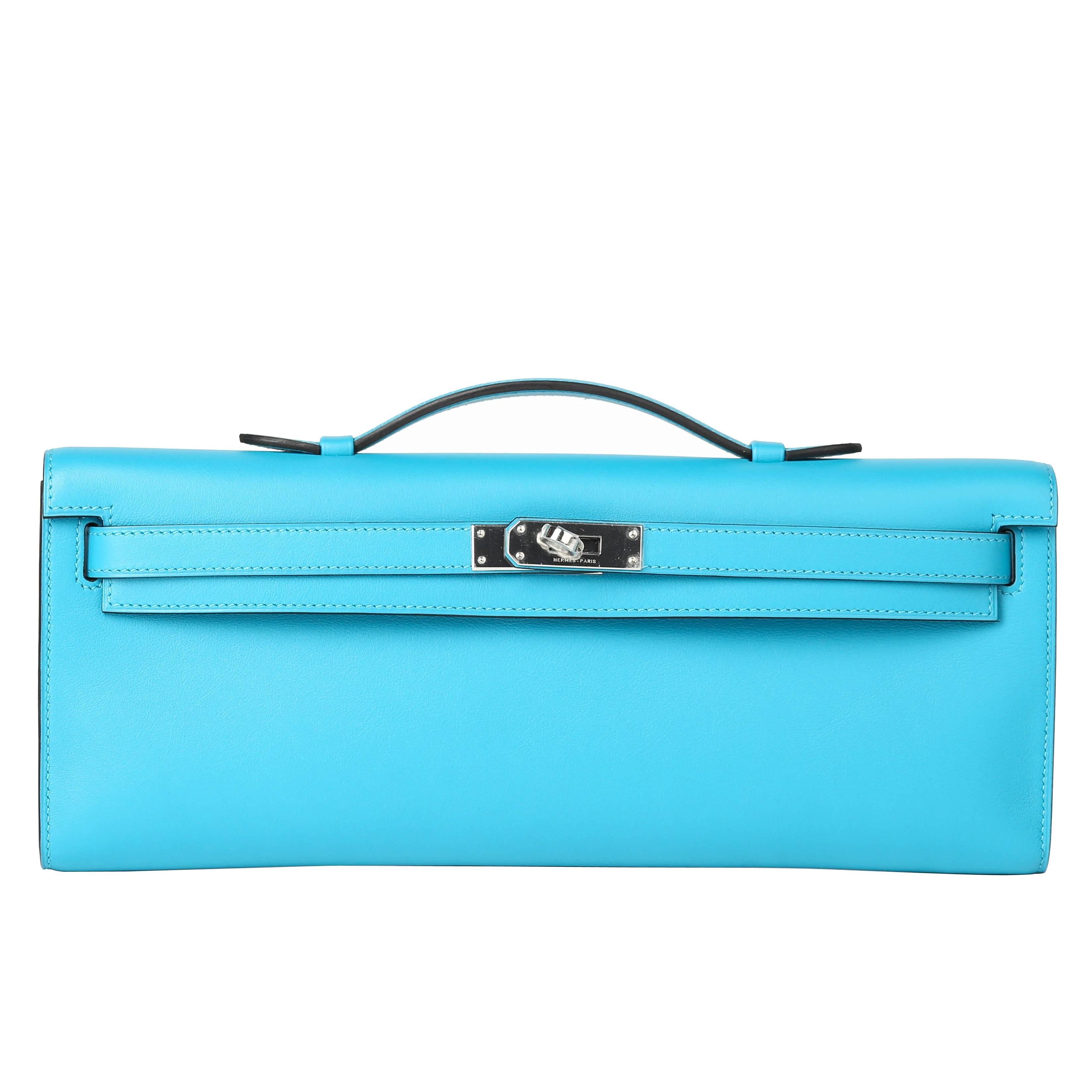 Kelly Cut  Pochette Turquoise in Swift Leather and Silver HDW  For Sale
