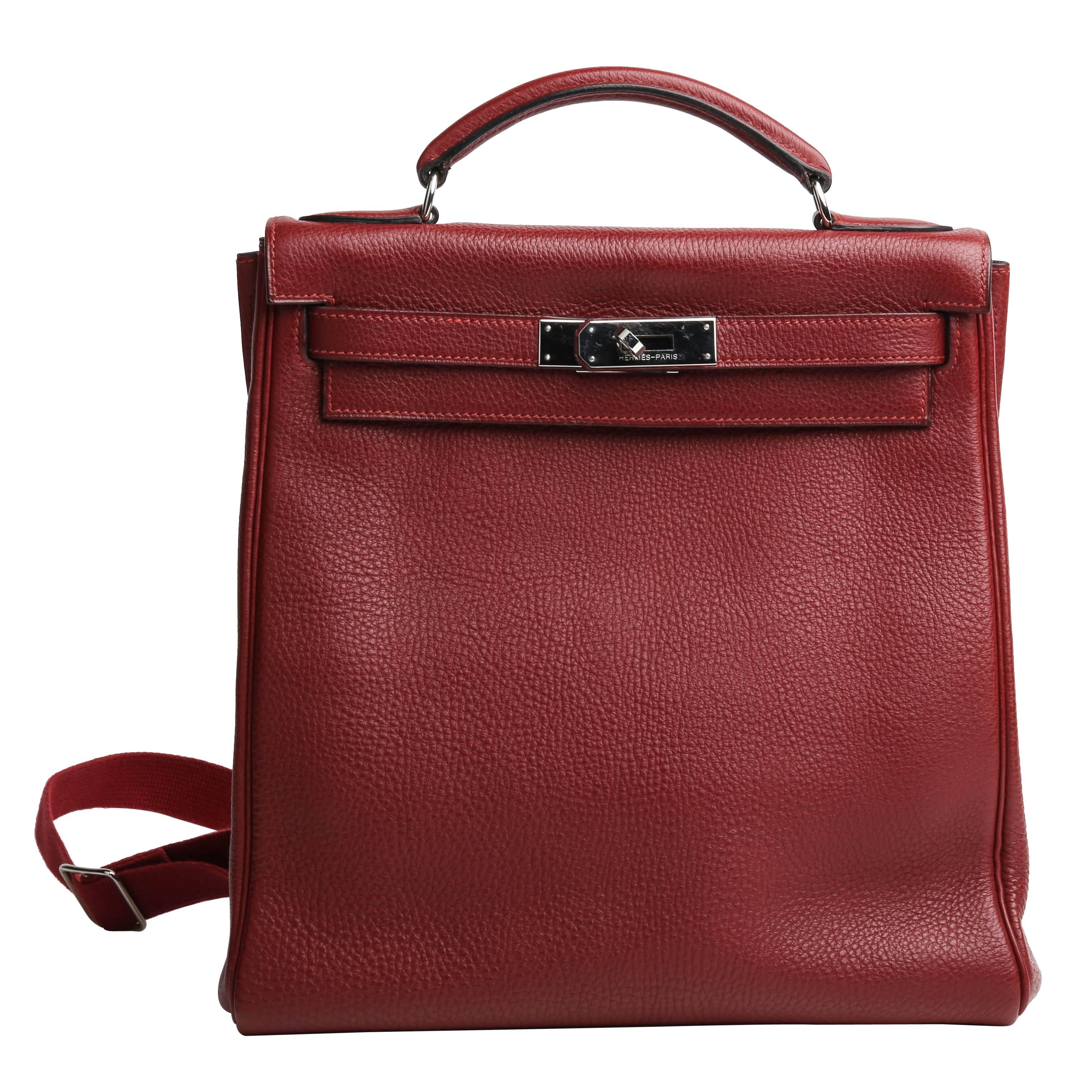 Kelly Ado Backpack In Burgundy Color Togo Leather with Silver HDW  For Sale