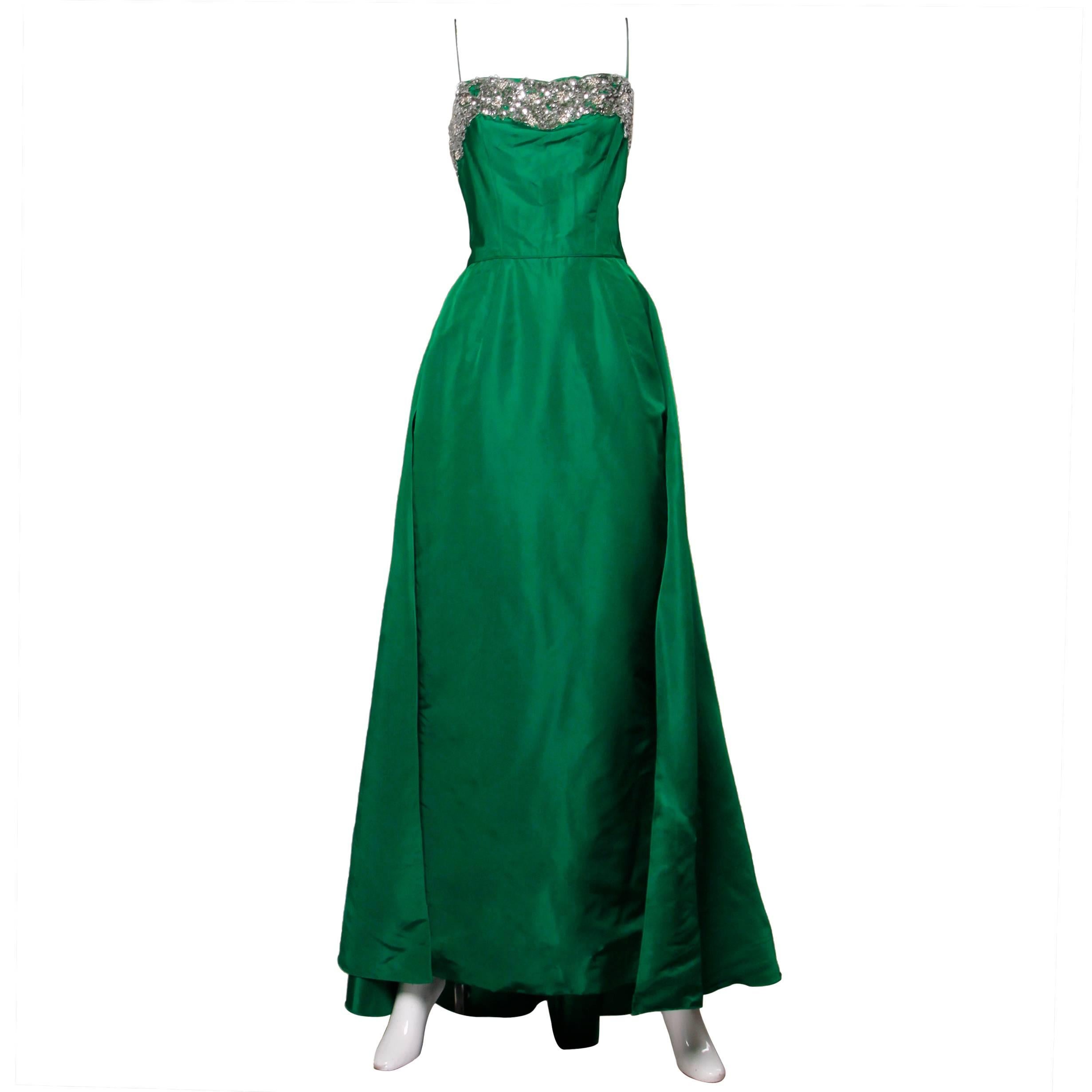 Stunning 1950s Vintage Beaded Sequin Green Silk Gown with Huge Train