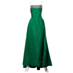 Stunning 1950s Vintage Beaded Sequin Green Silk Gown with Huge Train