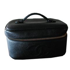 Retro Chanel Black Caviar Leather CC Logo Beauty Case Vanity Make Up Bag 1980s