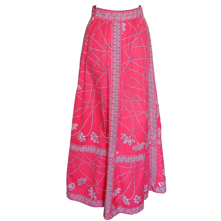 70s Emilio Pucci Maxi Skirt Cotton Twill Pink White Abstract Print Size ...