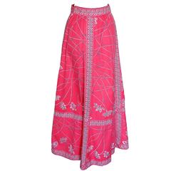 70s Emilio Pucci Maxi Skirt Cotton Twill Pink White Abstract Print Size 14
