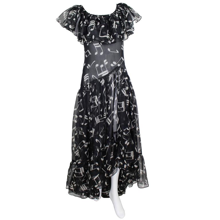 Yves Saint Laurent Documented Silk Black and White Music Note Dress
