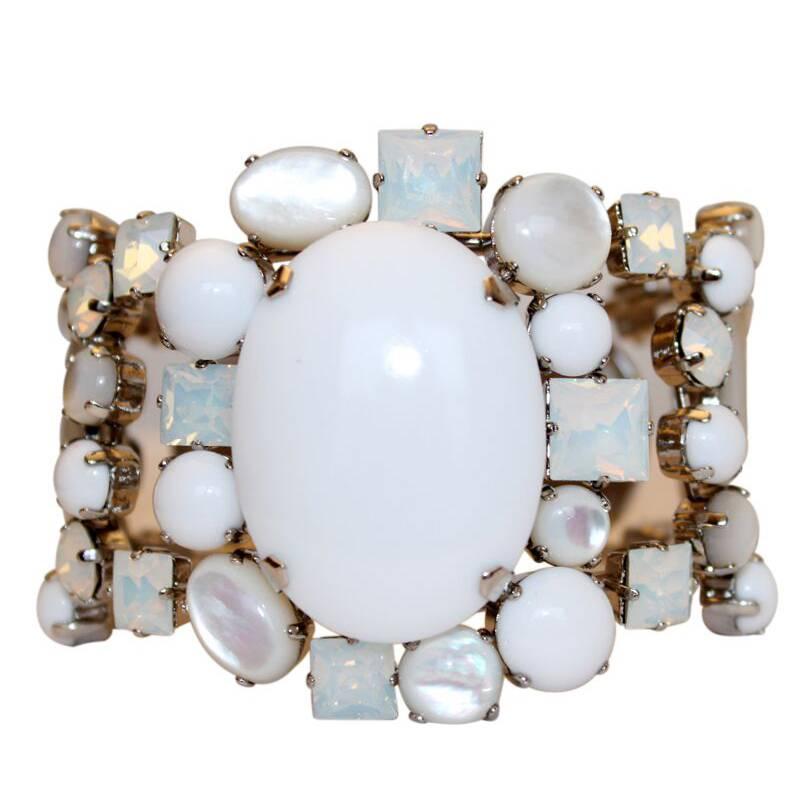 Philippe Ferrandis White Glass and Crystal Cuff Bracelet