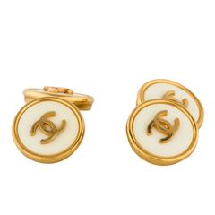 Chanel Vintage Gold Metal White Chain Link CC Logo Charm Men's Cufflinks
