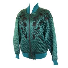 Kansai Yamamoto O2 Green Quilted Silk Jacket with Black Jet Bead Designs 1980s M