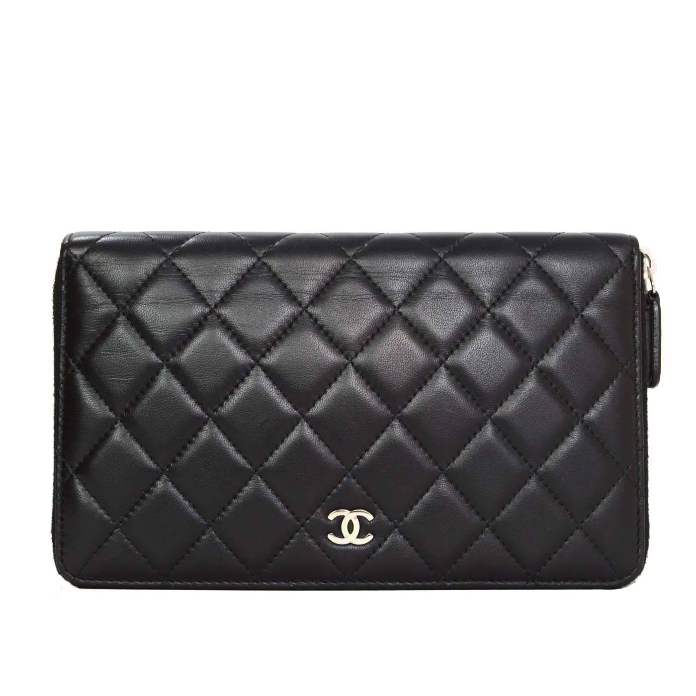 Chanel Black Lambskin Quilted Large Zip Wallet SHW