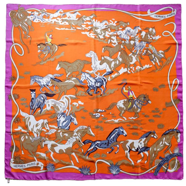 Hermès Orange Les Mustangs Silk Scarf- Equestrian Theme at 1stDibs