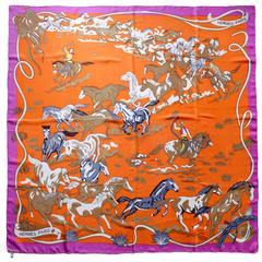 Hermès Orange Les Mustangs Silk Scarf- Equestrian Theme