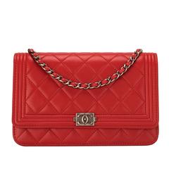 Chanel Red Quilted Lambskin Boy Wallet On Chain (WOC)