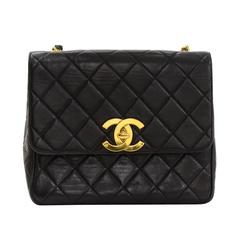 Chanel 10" Black Quilted Leather Shoulder Flap Bag Large CC Logo