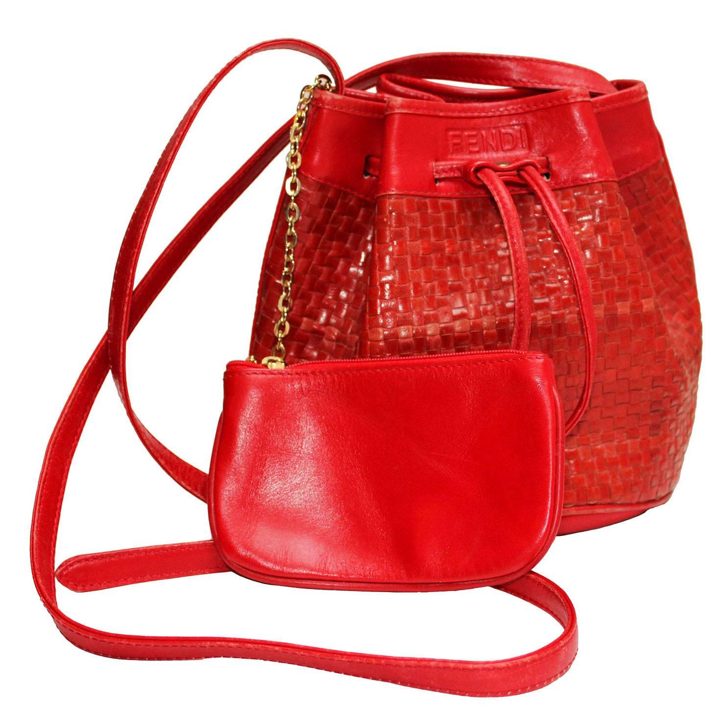 1970s Fendi Red Woven Leather Bucket Bag