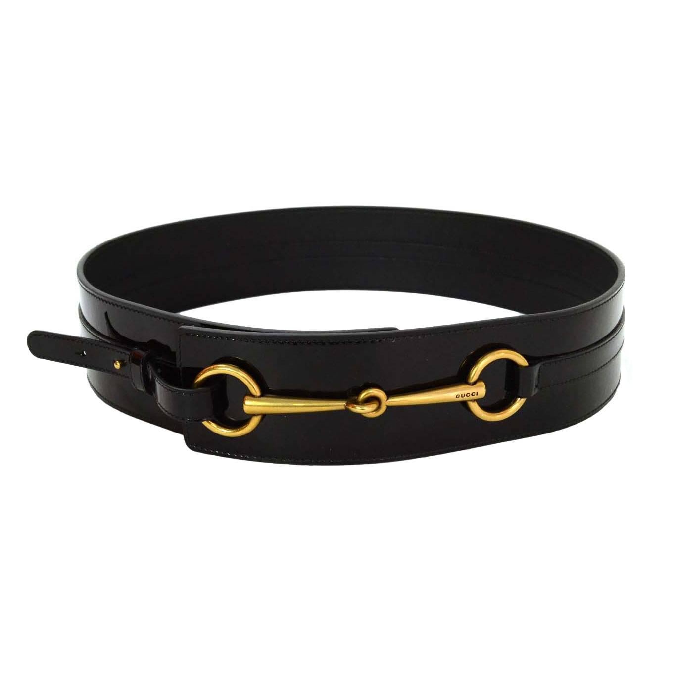 Gucci Black Patent Leather Horsebit Belt sz 95 GHW 