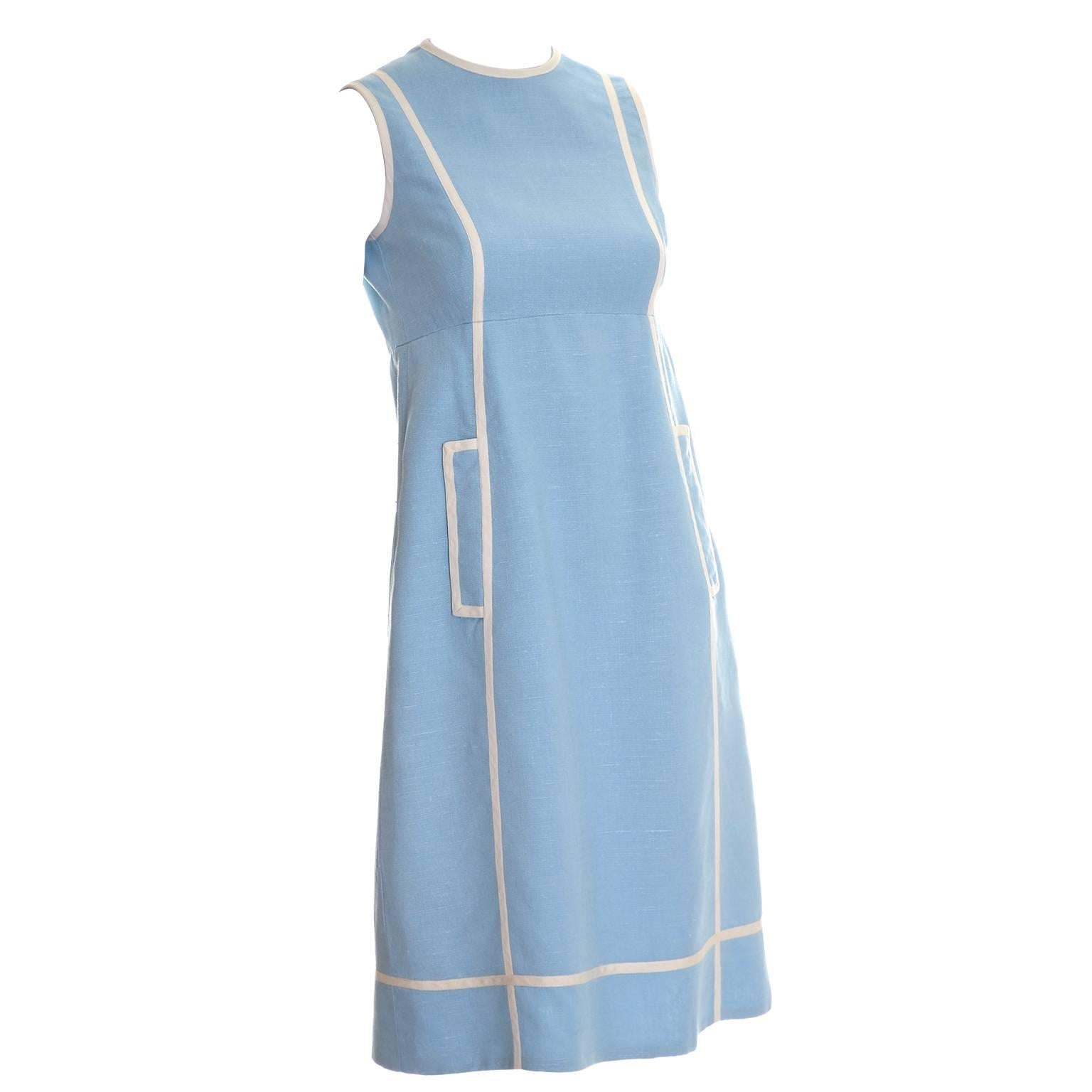 Vintage Geoffrey Beene 1960s Linen Blue Dress Sleeveless W/ Empire Waist For Sale