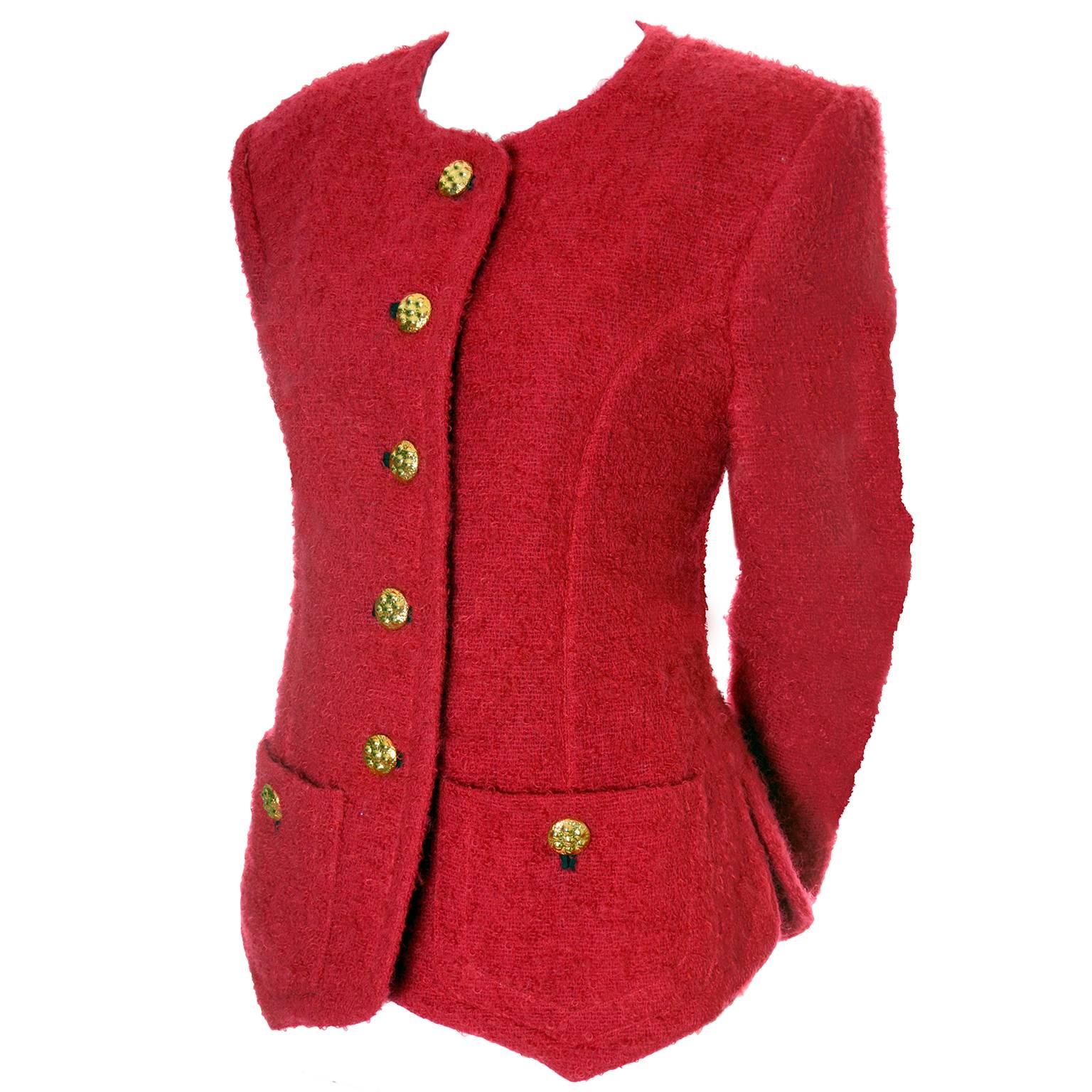 YSL Vintage Red Boucle Blazer Yves Saint Laurent Rive Gauche Paris Sz 42 Jacket