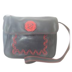 Vintage Fendi genuine navy leather shoulder bag with red embroidery logo, motif