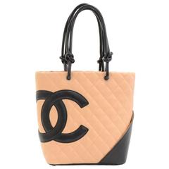 Vintage Chanel Cambon Beige x Black Quilted Leather Tote Hand Bag