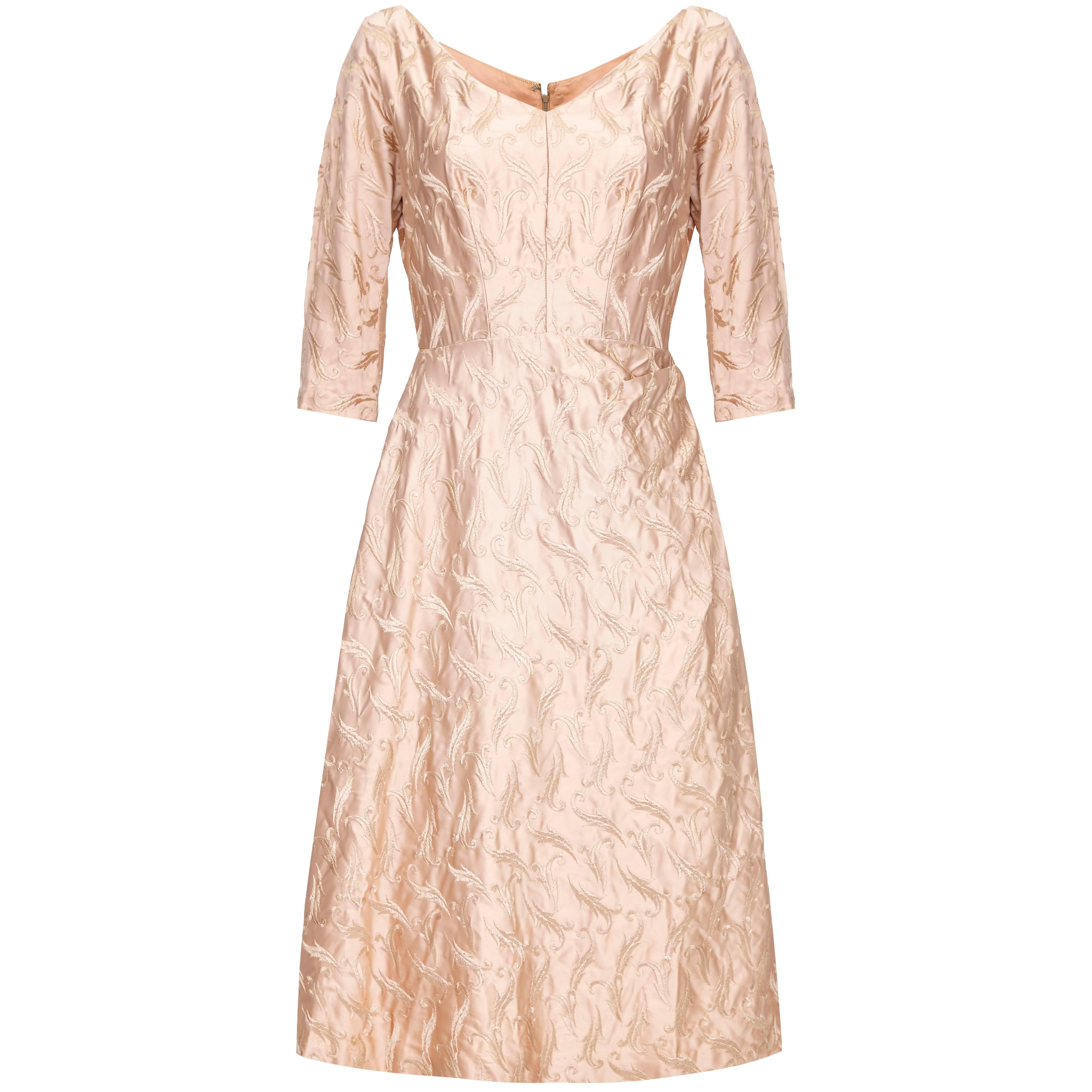 1950s Rose Gold Embroidered Silk Dress 