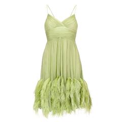 1960s Couture Green Chiffon Dress with Feather Trim 