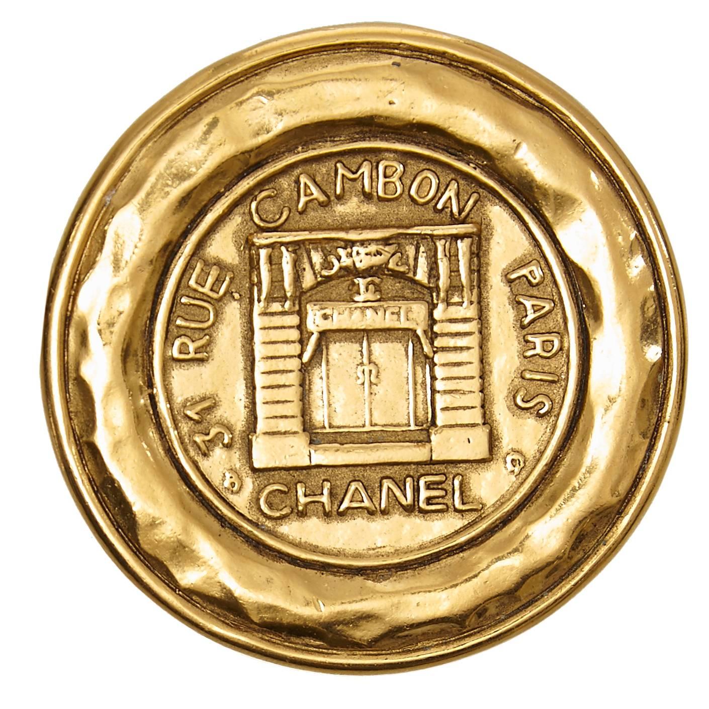 1980s Chanel Gold 31 Rue Cambon Medallion Brooch Pin