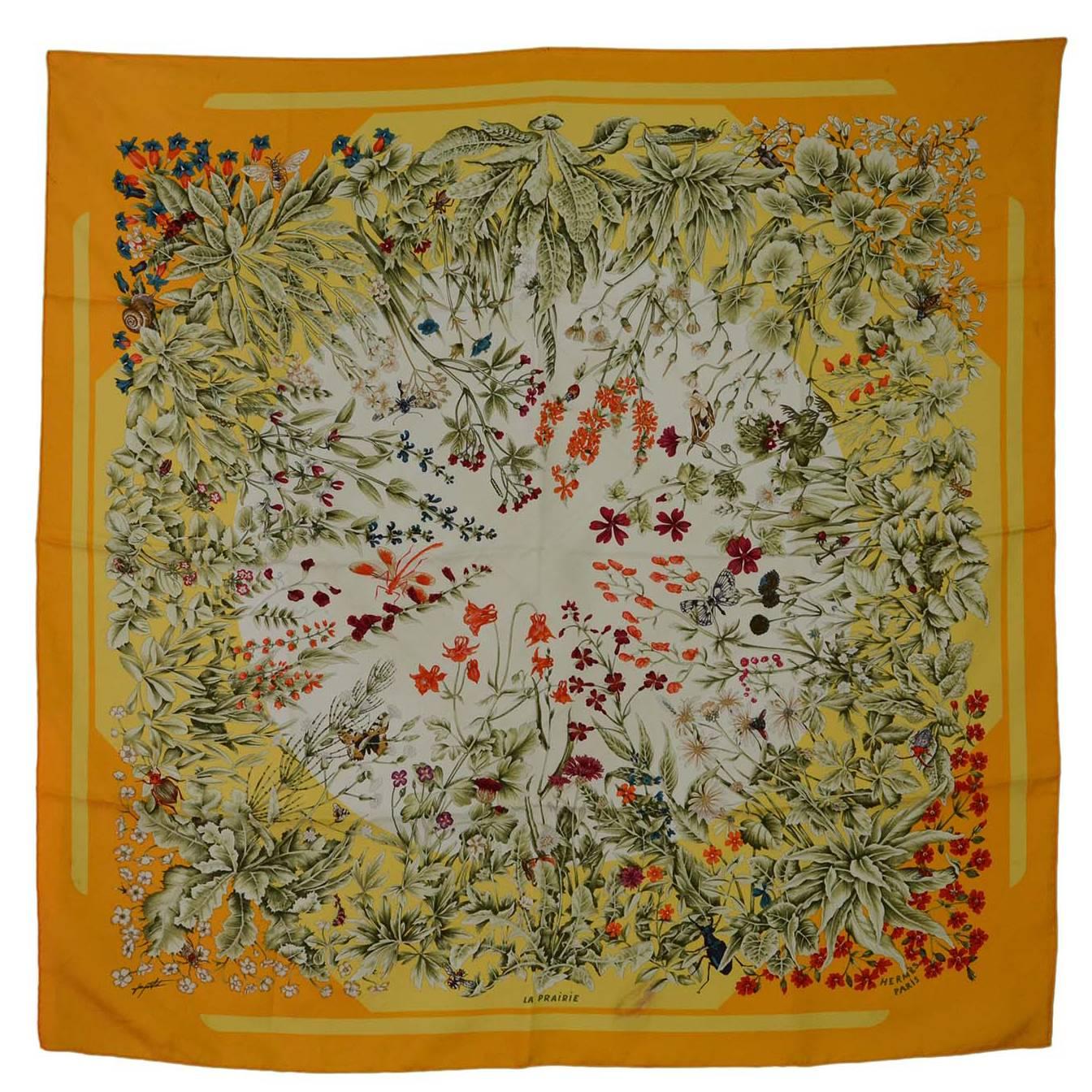 Hermes Yellow "La Prairie" Floral Print Silk 36" Square Scarf