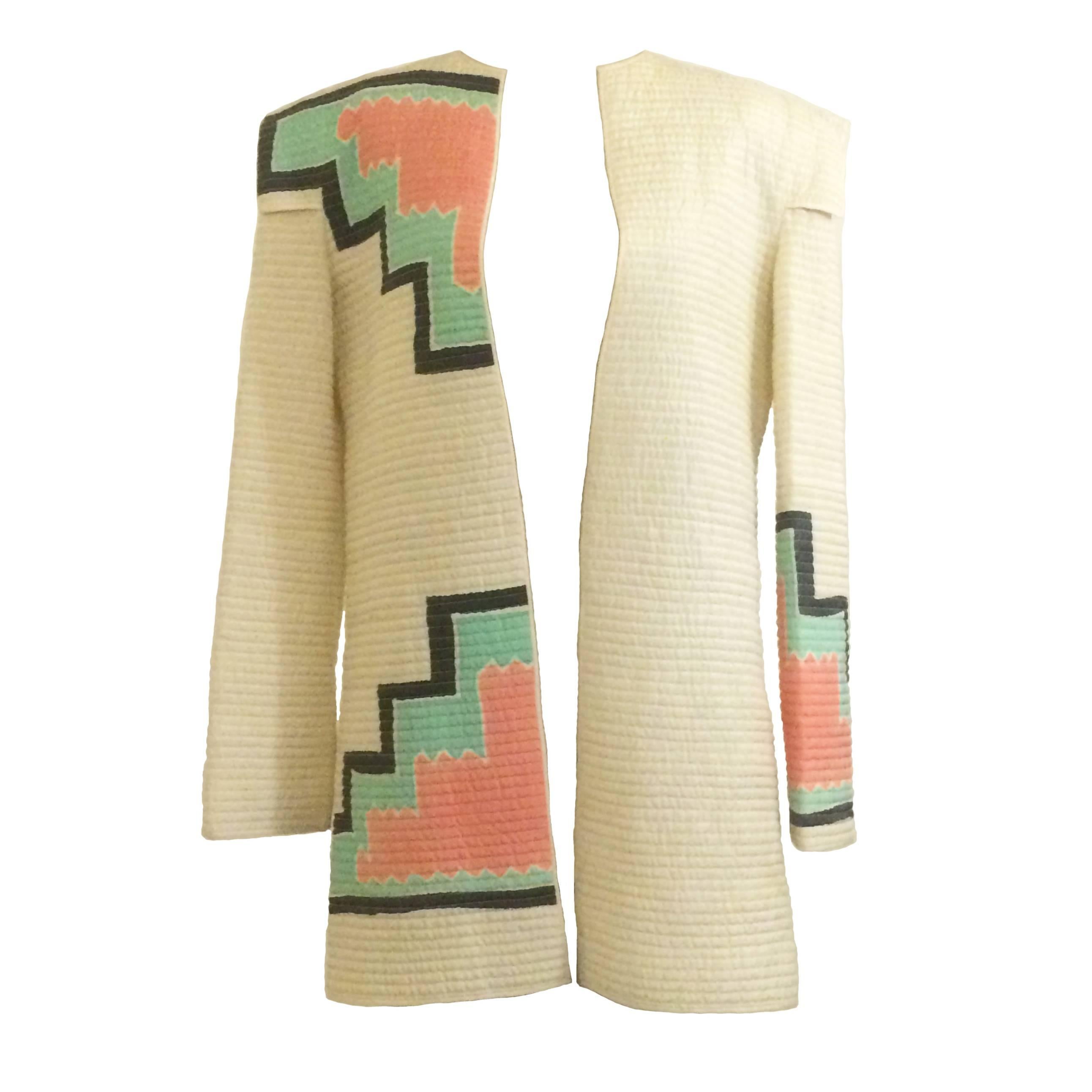 Mary McFadden 1980s Cream Quilted Pastel Print Jacket with Shoulder Detail