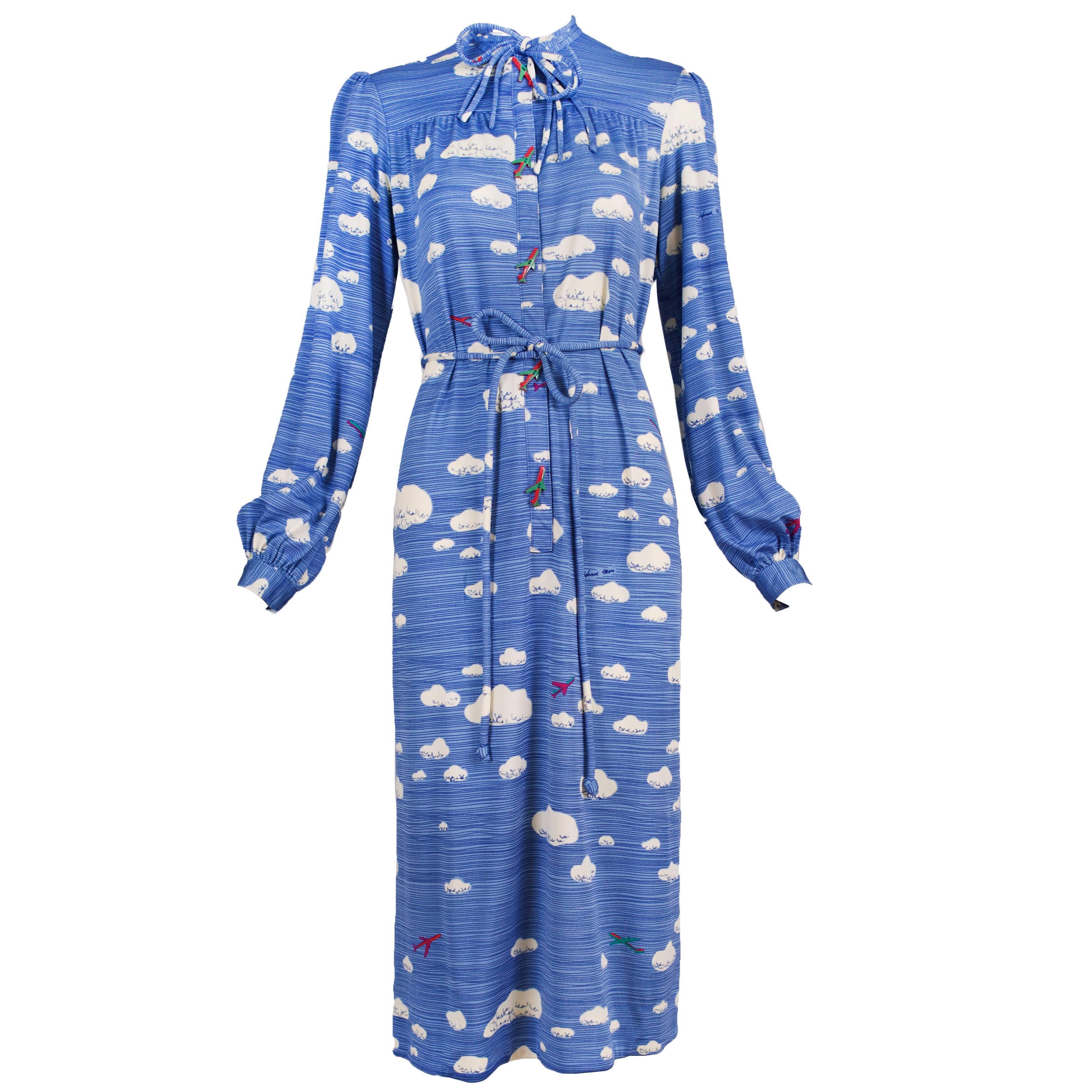 Hanae Mori Cloud & Airplane Novelty Print Day Dress w/Bakelite Airplane Buttons