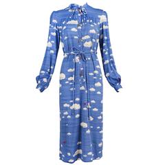 Vintage Hanae Mori Cloud & Airplane Novelty Print Day Dress w/Bakelite Airplane Buttons