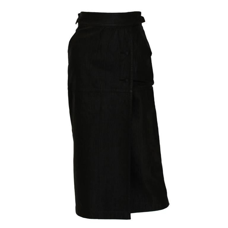 1980s Issey Miyake Black Textured Leather Midi Wrap Over Skirt